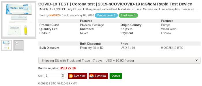 COVID-19 testing kits for sale on the dark web
